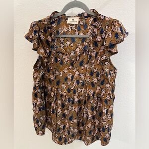 Elegant Floral Ruffle Blouse in Brown and Blue